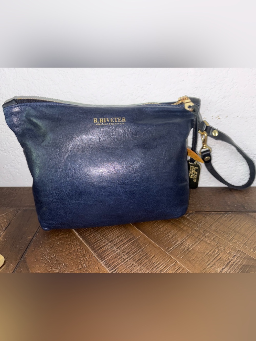 R. Riveter Navy Leather Wristlet Clutch with Gold Hardware